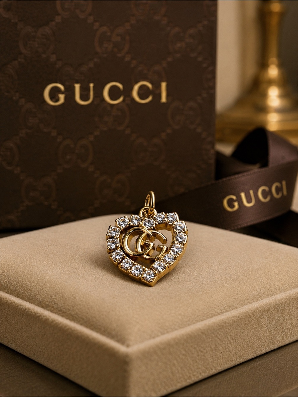 Gucci stamped Gold & Clear Crystal Heart GG Pendant Charm